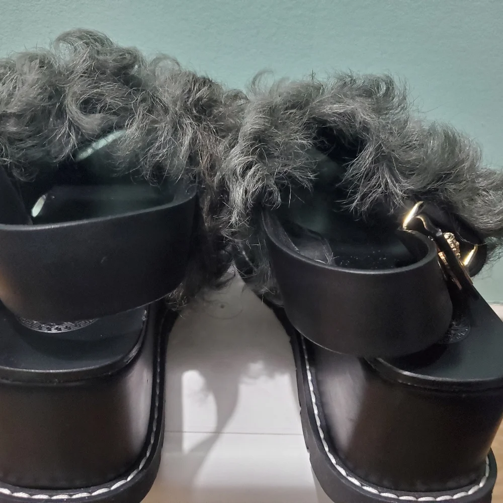 VERSACE Leather Fur Shearling Green Black Platform Clog Sandals Heels sz 41 - Picture 8 of 9